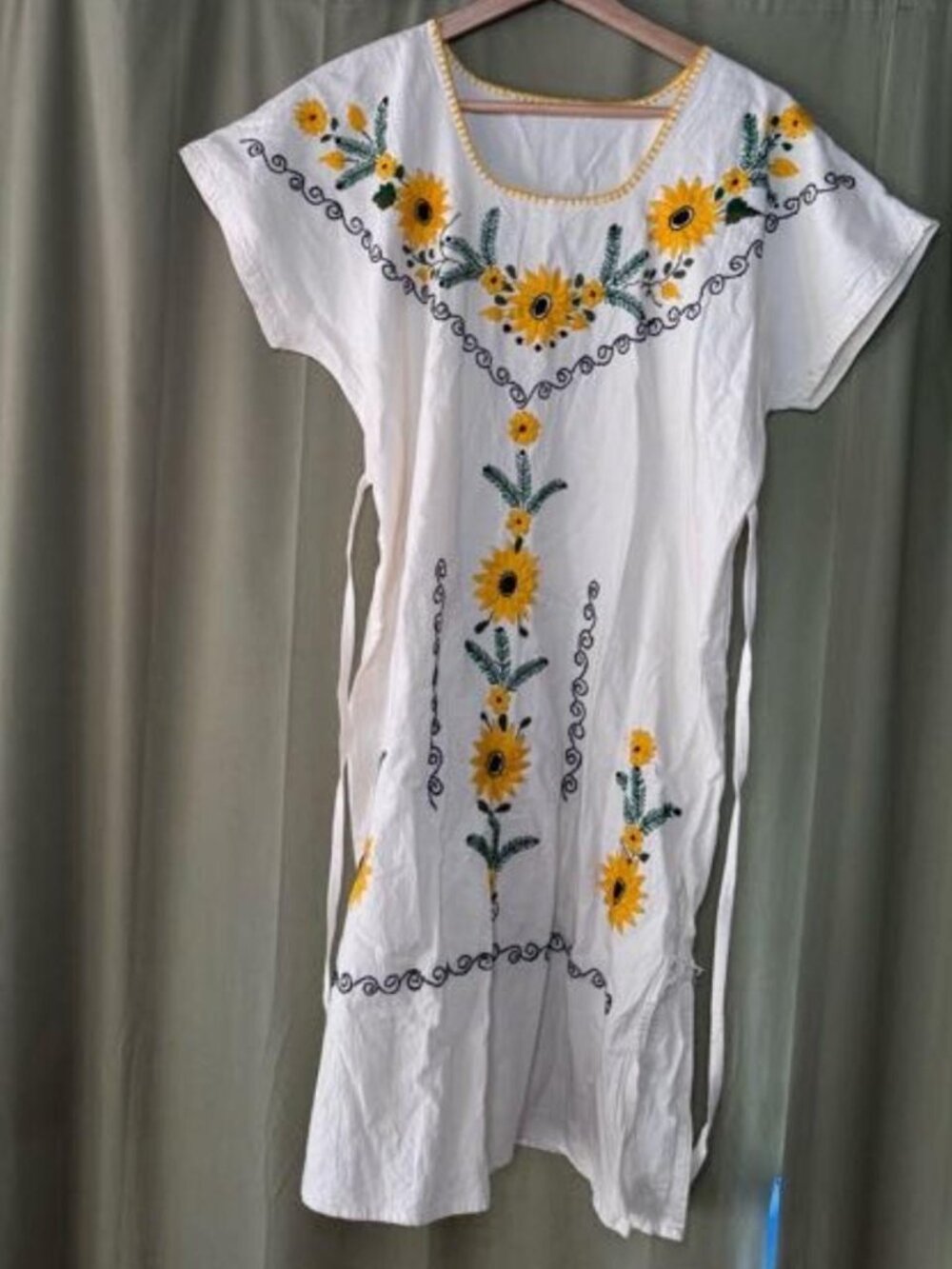 Vintage Hand Embroidered Sunflower Dress White Cotton